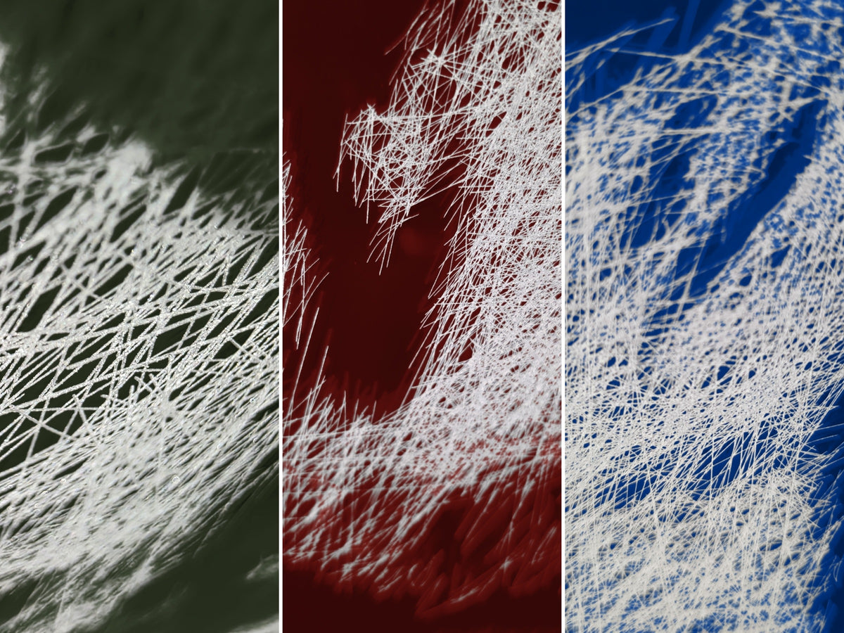 Art on Mirror, detail of scratches in green, red and blue mirror glass