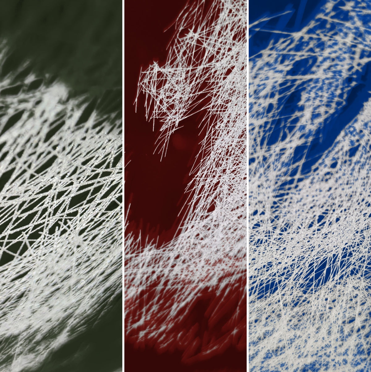 Art on Mirror, detail of scratches in green, red and blue mirror glass